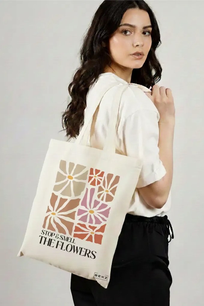 Sacosa de Panza pentru Cumparaturi, Geanta Tote Boho Style 3, 38x34.5 cm, Alba, BEKZ®