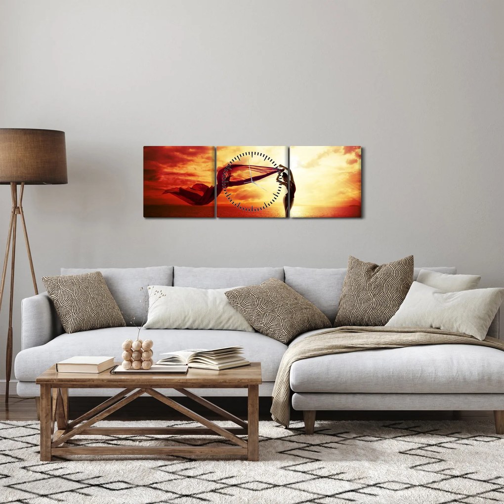 Tablou - Silueta femeii la apus de soare (cu ceas) (90x30 cm)