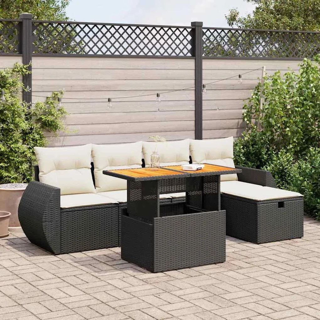 3328050 vidaXL Set mobilier grădină perne 6 piese negru poliratan/lemn acacia