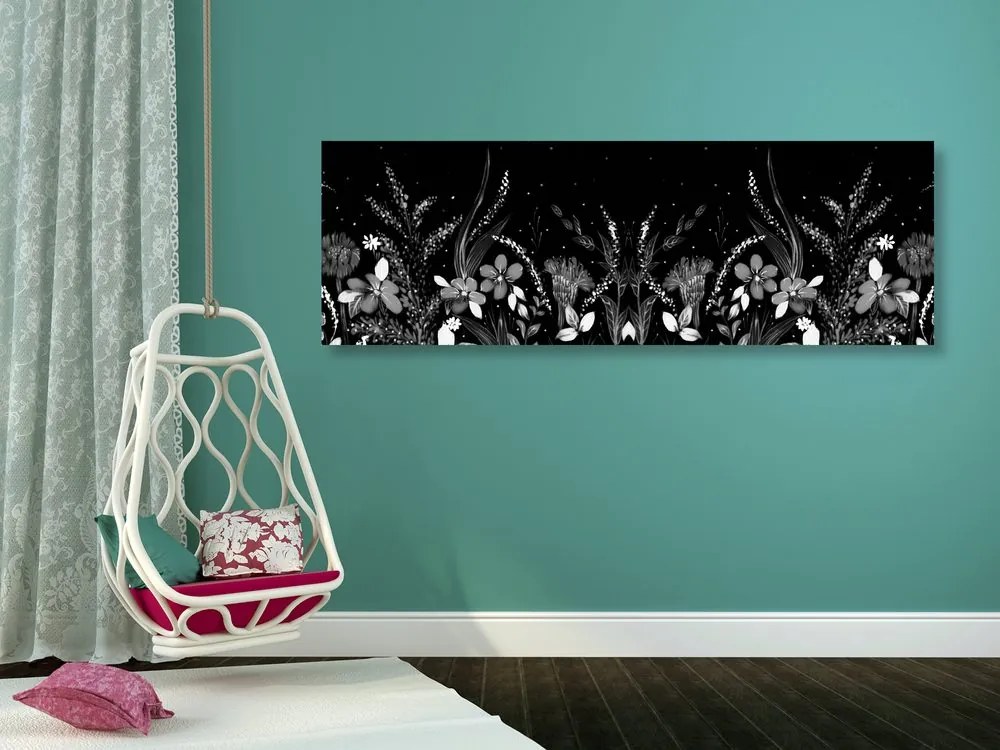 Tablou cu ornament floral în design alb-negru