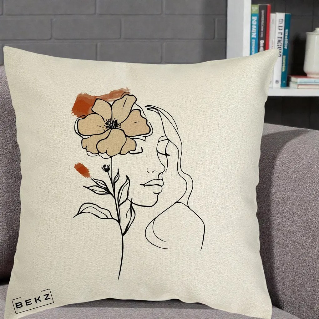 Perna Decorativa Portret Feminin Floare Bej Terracotta, 40x40 cm, Ecru, Husa Detasabila, Perna Inclusa, BEKZ®