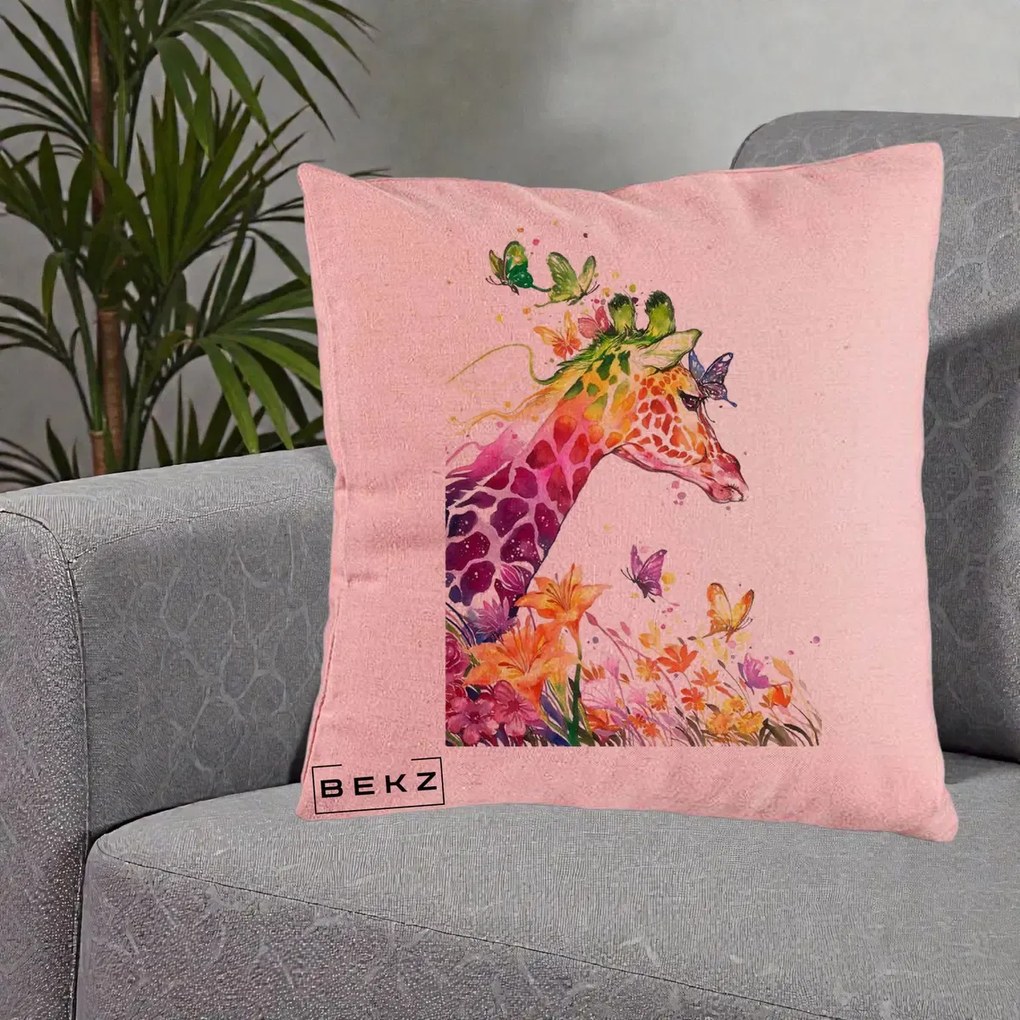 Perna Decorativa Girafa Curcubeu Acuarela, 40x40 cm, Roz, Husa Detasabila, Perna Inclusa, BEKZ®
