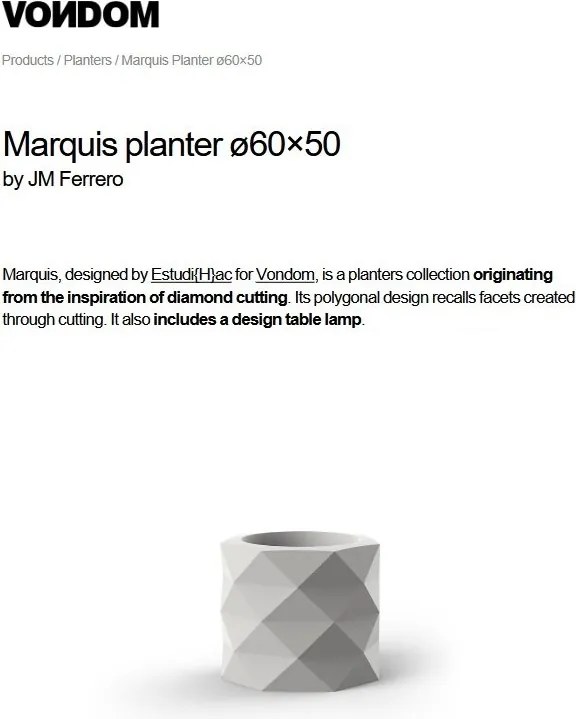 Ghiveci plante, flori design decorativ modern pentru amenajari interioare si exterioare, MARQUIS PLANTER 47081R Vondom