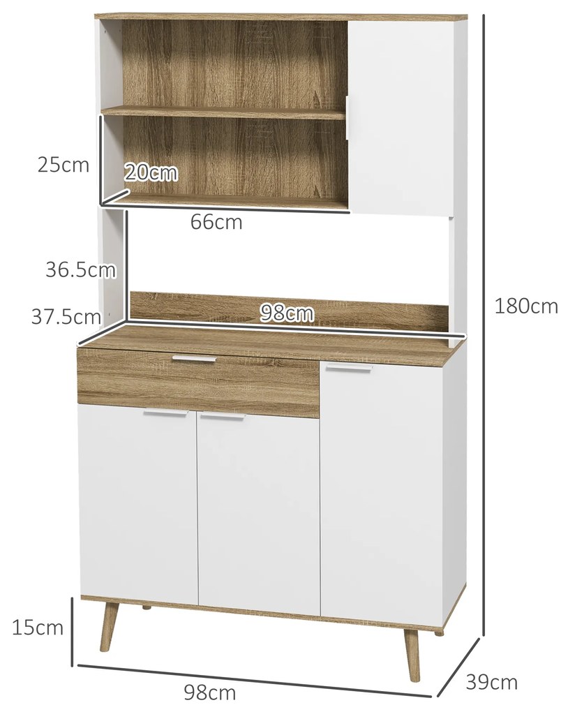 HOMCOM Dulap de Depozitare Inalt de 180cm cu Rafturi de Depozitare, in Stil Modern cu Usi si Sertare pentru Camera de Zi, Alb