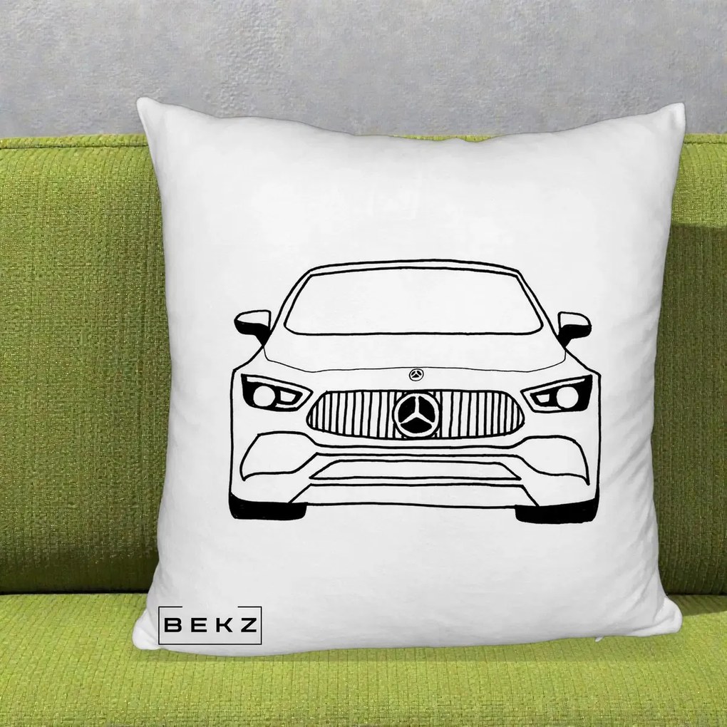 Perna Personalizata Mercedes-Benz Fata Linie, 40x40 cm, Alb Pufos, Husa Detasabila, Perna Inclusa, BEKZ®