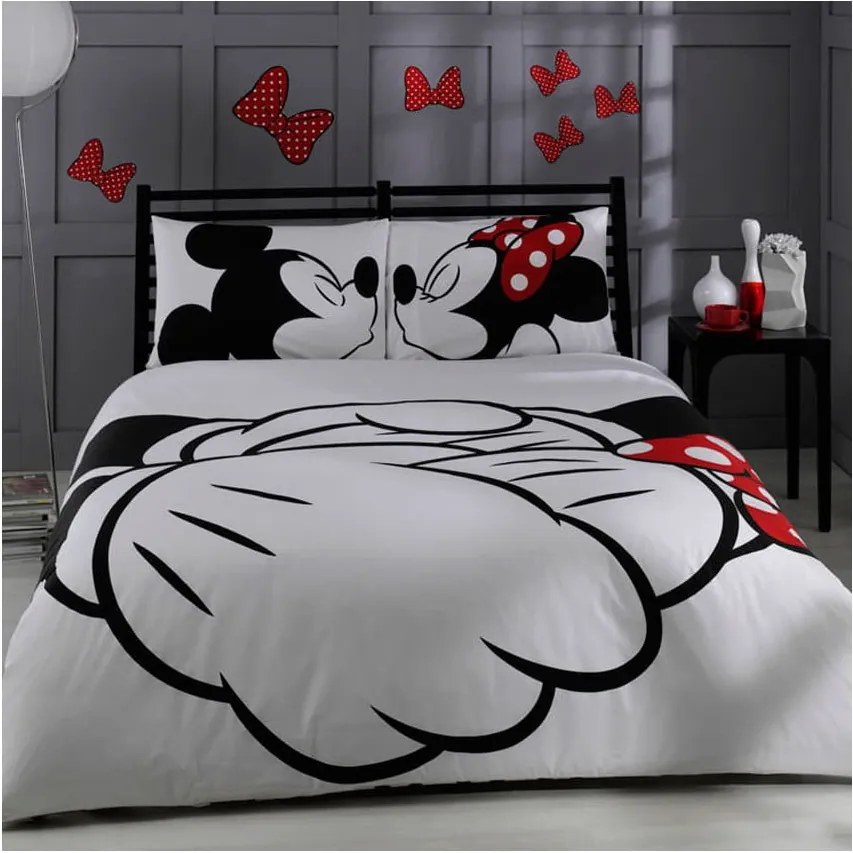Lenjerie de pat cu cearșaf din bumbac Mickey & Minnie Adore, 200 x 220 cm