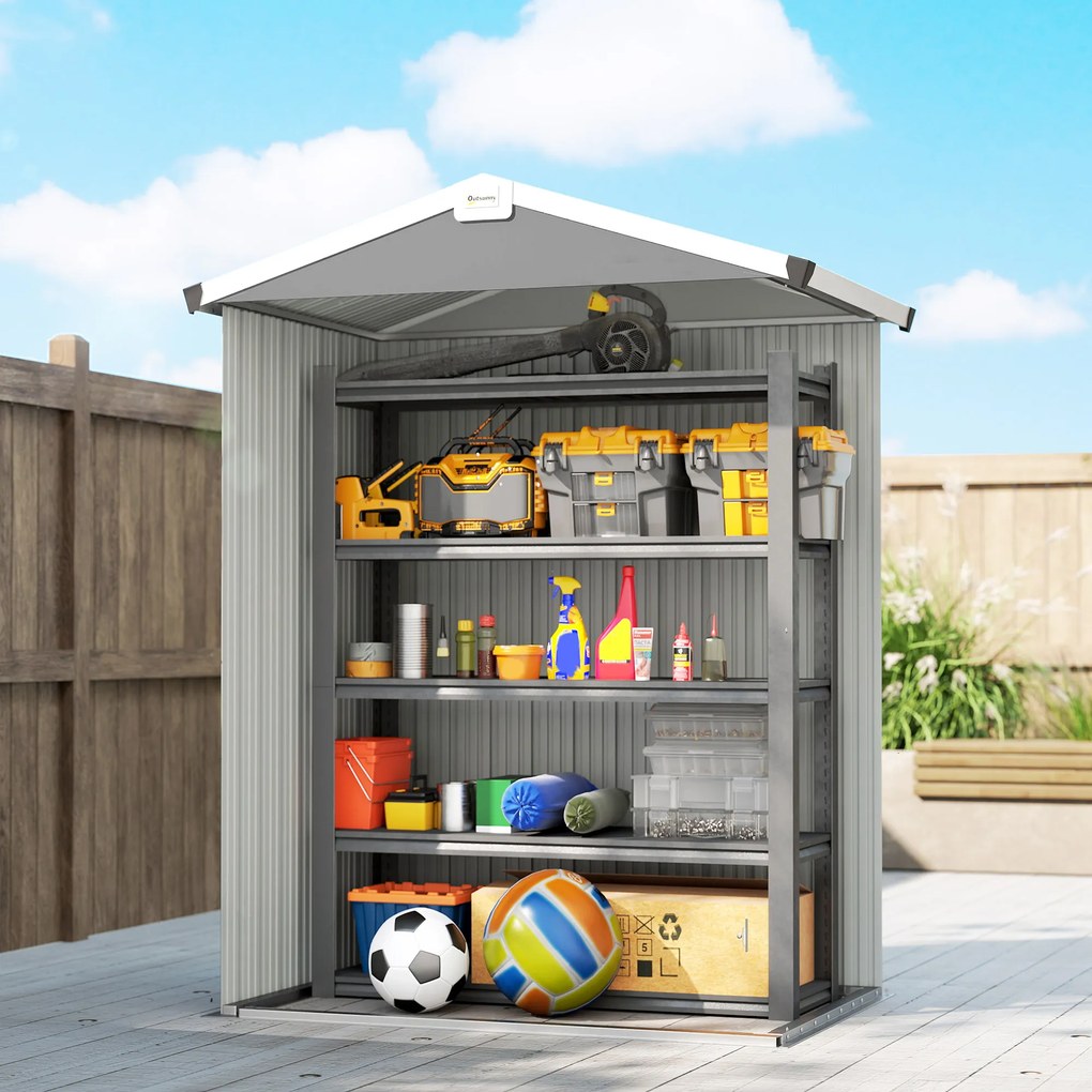 Outsunny Magazie de Grădină 1.1m² din Oțel Zincat, Magazie cu Porți Duble Largi Blocabile, Acoperiș Înclinat, Mănuși, Spațiu pentru Unelte, 133x87x178 cm, Gri Argintiu | Aosom Romania