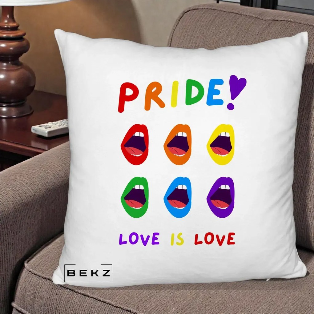 Perna Personalizata Pride Love is Love Curcubeu, 40x40 cm, Alb Pufos, Husa Detasabila, Perna Inclusa, BEKZ®