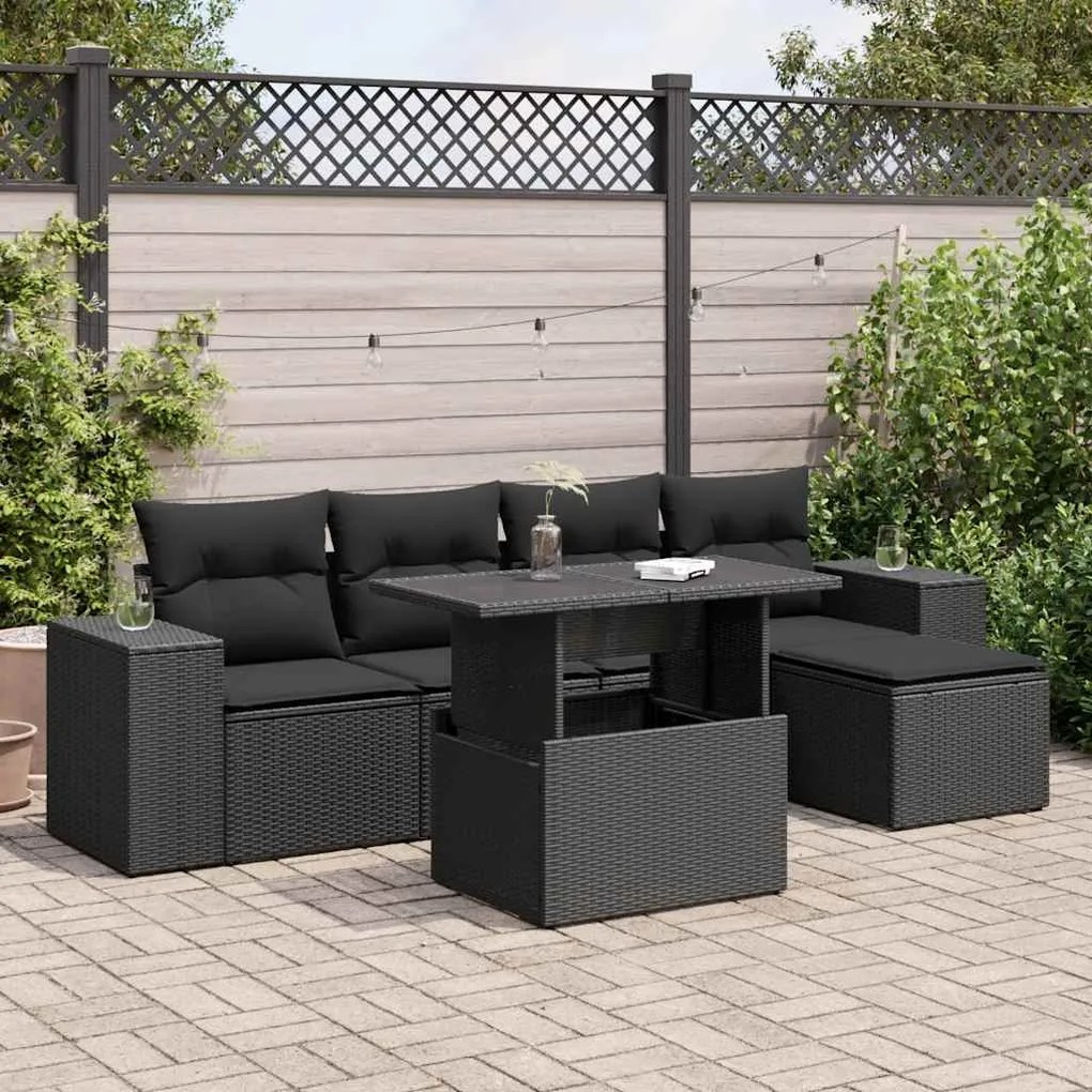 3326776 vidaXL Set mobilier de grădină cu perne, 6 piese, negru, poliratan