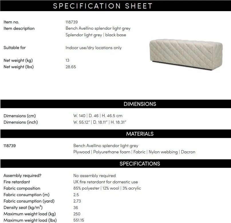 Bancheta design LUX Avellino, Splendor light grey