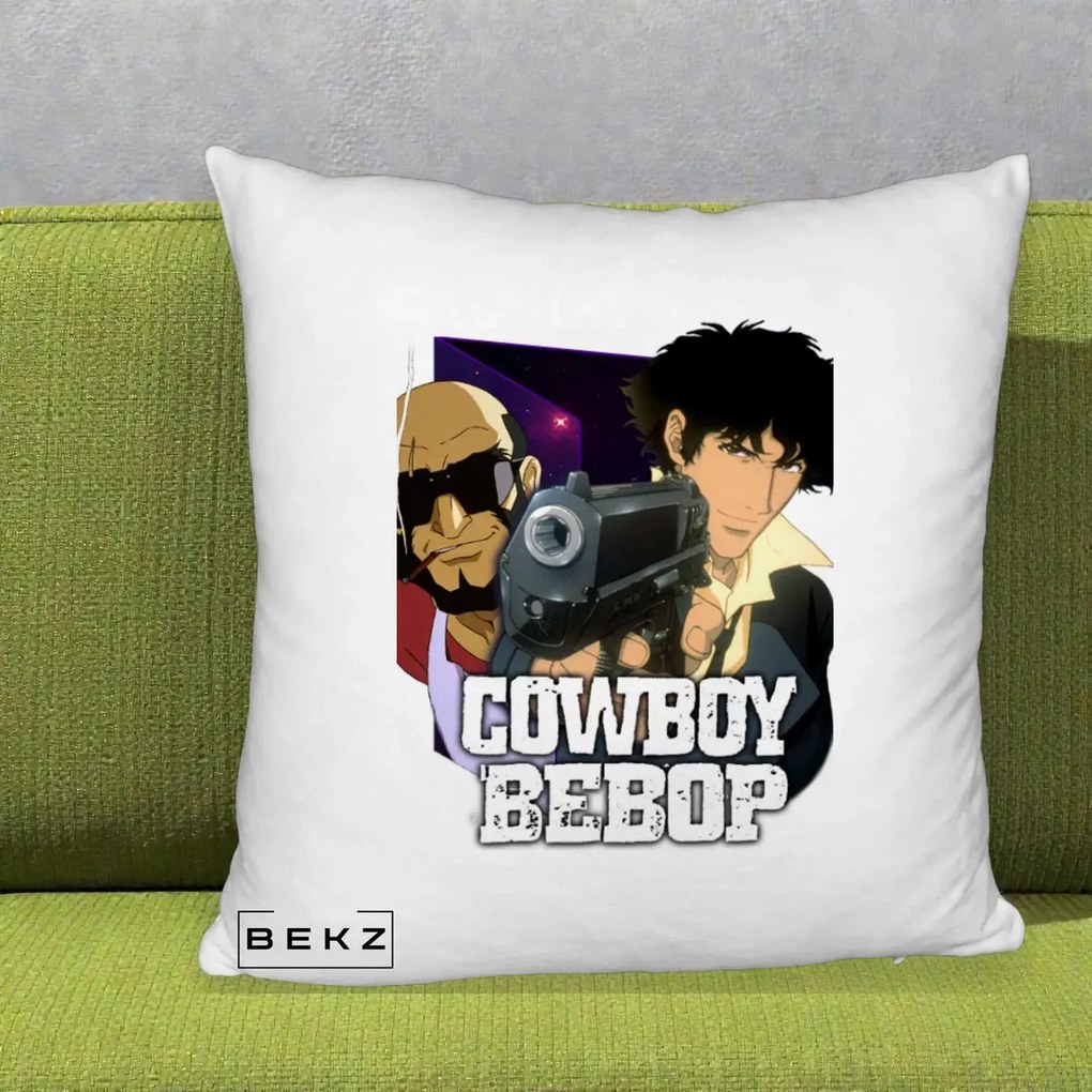 Perna Personalizata Cowboy Bebop Spike si Jet Poster, 40x40 cm, Alb Pufos, Husa Detasabila, Perna Inclusa, BEKZ®
