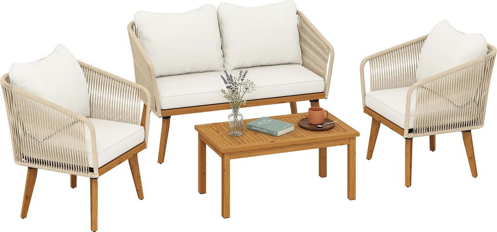 Outsunny Set mobilier grădină 4 piese lounge polyrattan cu canapea 2 locuri, 2 fotolii, masă din lemn de acacia cu lamele, perne groase lavabile | Aosom Romania