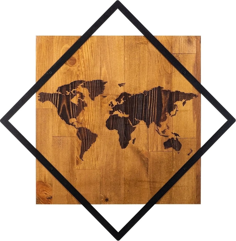 Decoratiune perete WORLD 2, stejar/negru, lemn/metal, 54x54 cm