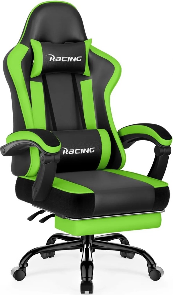 RESIGILAT- Scaun gaming, Masaj în perna lombară, Suport picioare, Rabatabil 90-165°, piele PU, Negru/Verde