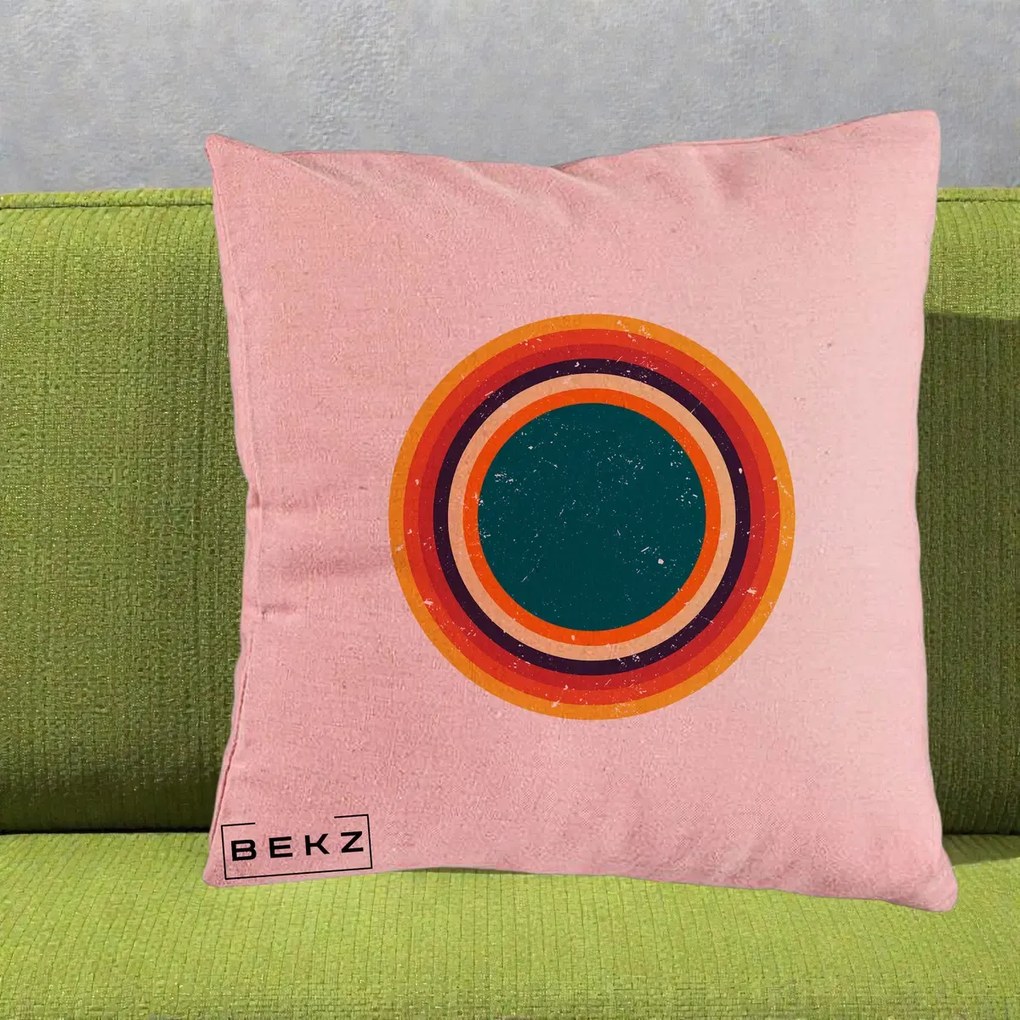 Perna Decorativa Retro Cerc Concentric Geometric Vintage, 40x40 cm, Roz, Husa Detasabila, Perna Inclusa, BEKZ®