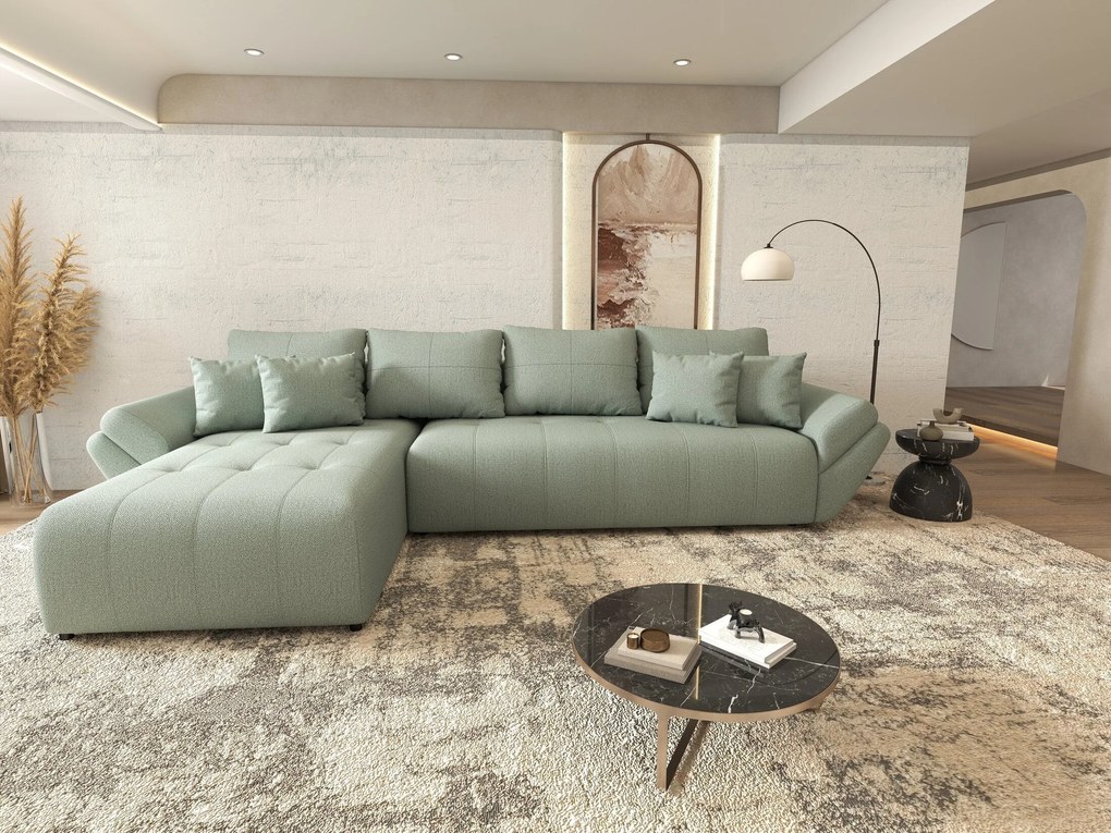 Colțar extensibil dumonde cu ladă de depozitare si sezut confortabil din spuma high-density, Berlin XL Enjoy Mint 350x185 cm