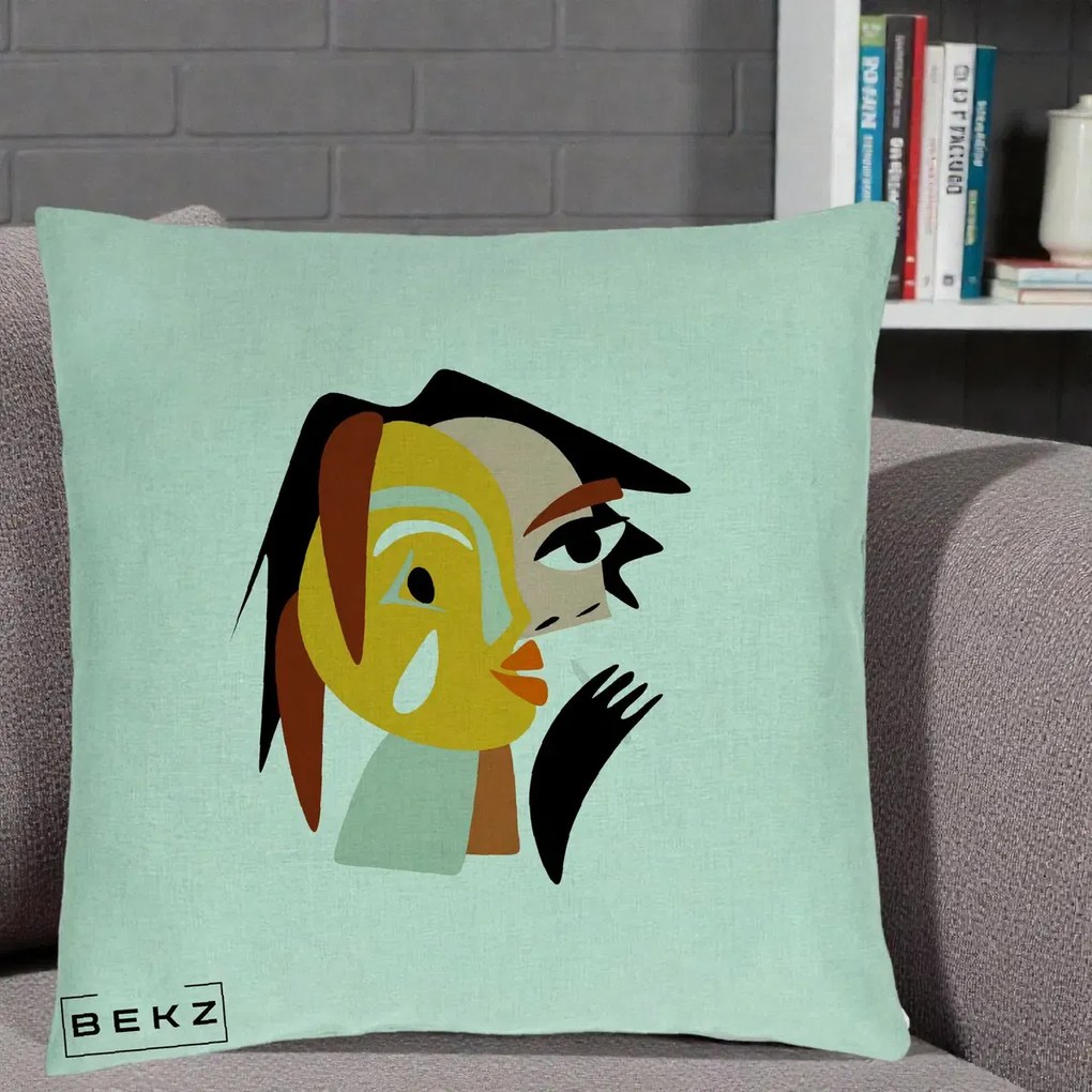 Perna Decorativa Portret Abstract Galben-Ocru, 40x40 cm, Verde Menta, Husa Detasabila, Perna Inclusa, BEKZ®