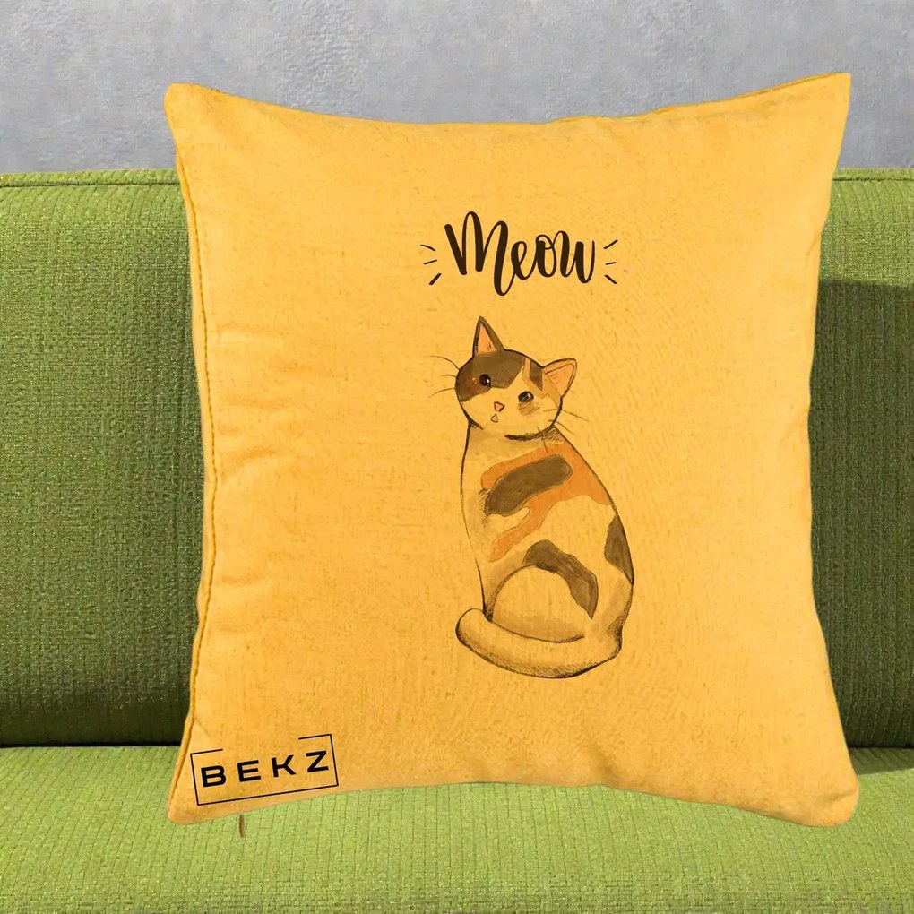 Perna Personalizata Pisica Meow Acuarela, 40x40 cm, Galben, Husa Detasabila, Perna Inclusa, BEKZ®