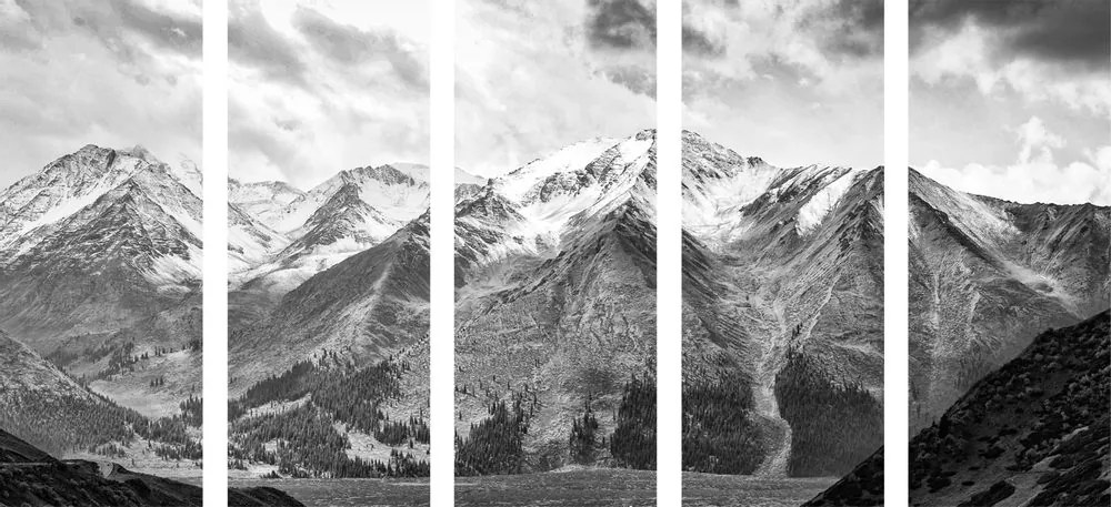 Tablou 5-piese panorama montană frumoasă în design alb-negru
