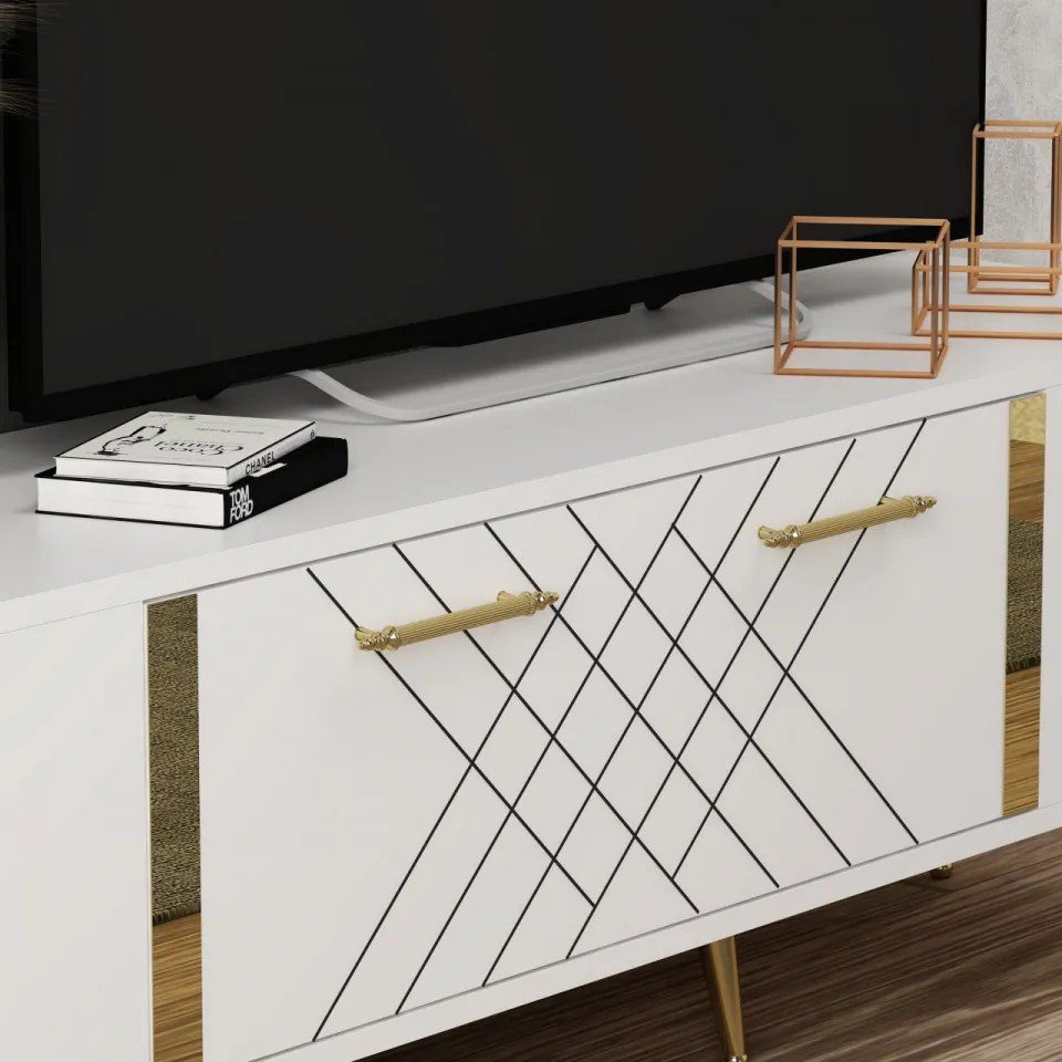 Comoda TV Detas, Alb / Auriu