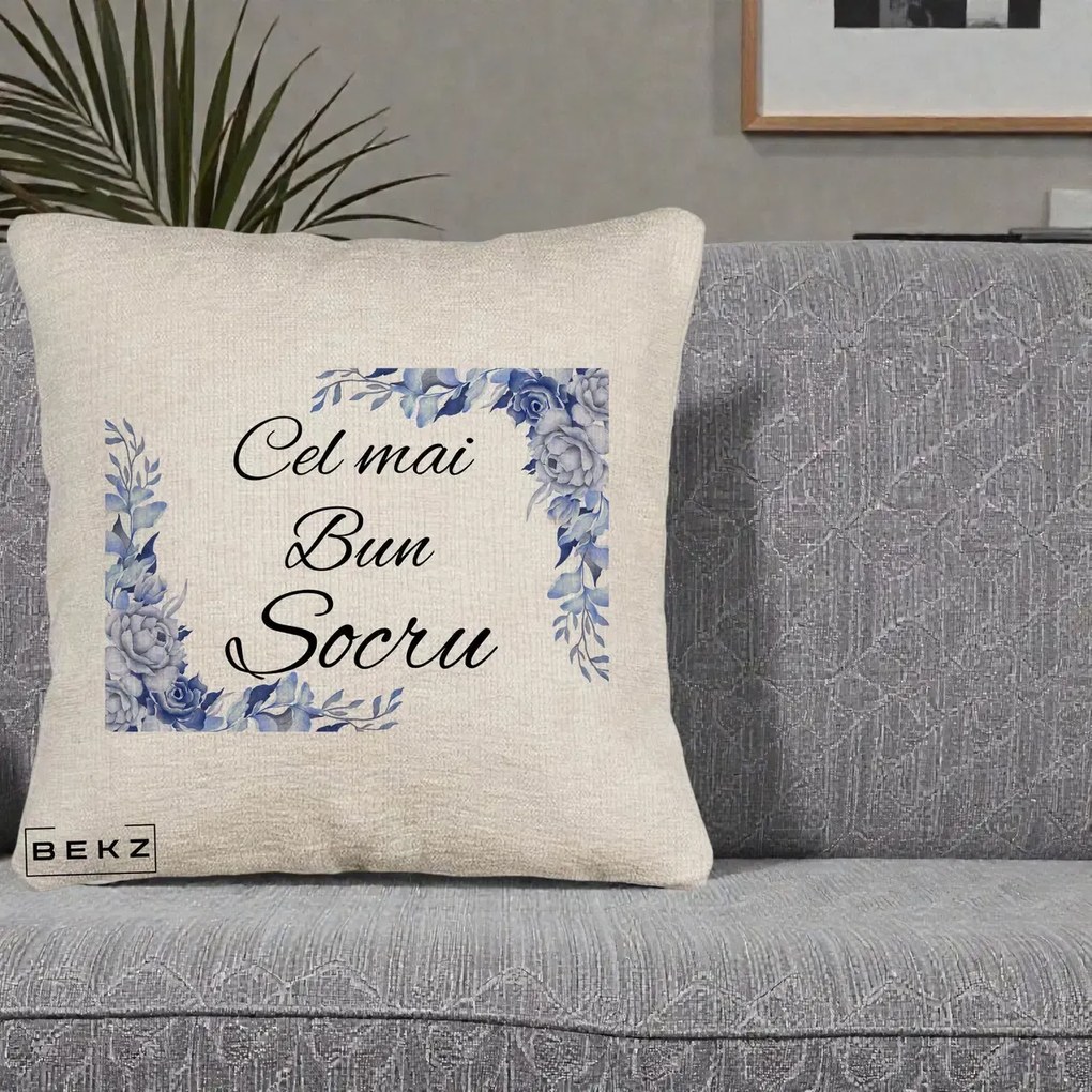 Cadou pentru Socru - Perna Personalizata Cel mai Bun Socru cu Flori Albastre Acuarela, 40x40 cm, Bej Canapea, Husa Detasabila, Perna Inclusa, BEKZ®