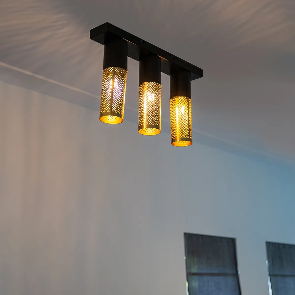 Plafoniera industrială neagră cu auriu, de formă alungită, cu 3 lumini - Raspi