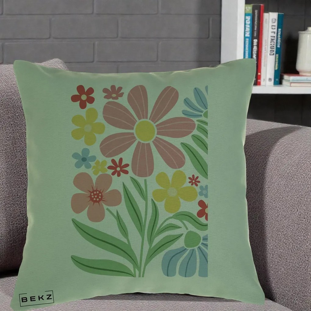 Perna Decorativa Flori Grafice Roz Pastel, 40x40 cm, Verde, Husa Detasabila, Perna Inclusa, BEKZ®