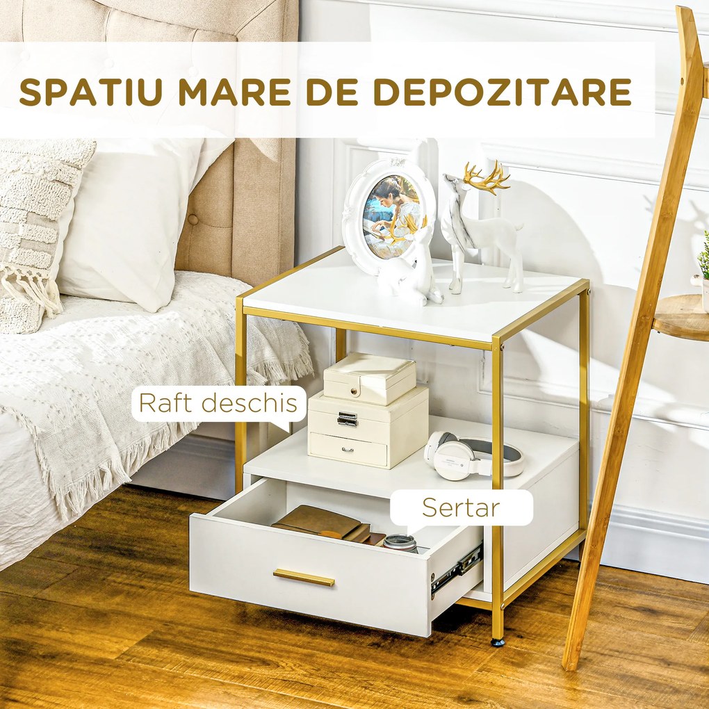 Set de 2 Masute Noptiere Moderne, Noptiere cu Sertar si Raft, Organizatoare de Depozitare, Alb si Auriu 50x40x55cm HOMCOM | Aosom Romania