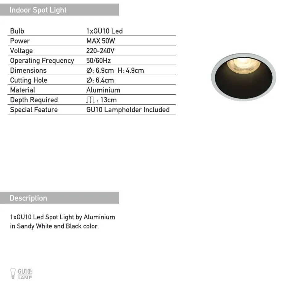 Spot incastrabil GU10 Chuck II alb/negru