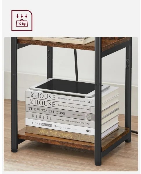 Măsuță laterală ROD cu prize integrate și porturi USB, maro/negru