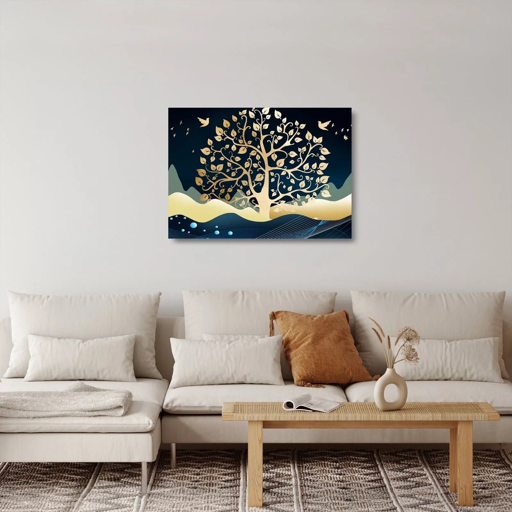 Tablou pe sticlă cu copac auriu (70x50 cm)
