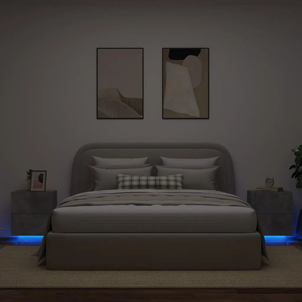 vidaXL Noptiere cu lumini LED, 2 buc., gri beton, lemn prelucrat
