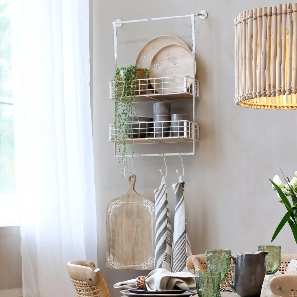 Etajera, alba, din metal si lemn, cu 4 agatatori, aspect vintage, Sia