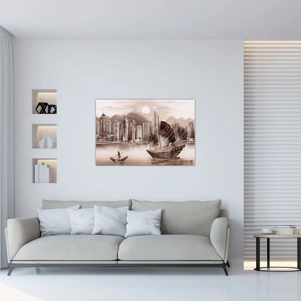 Tablou - Victoria Harbour, Hong Kong, efect sepia (90x60 cm)