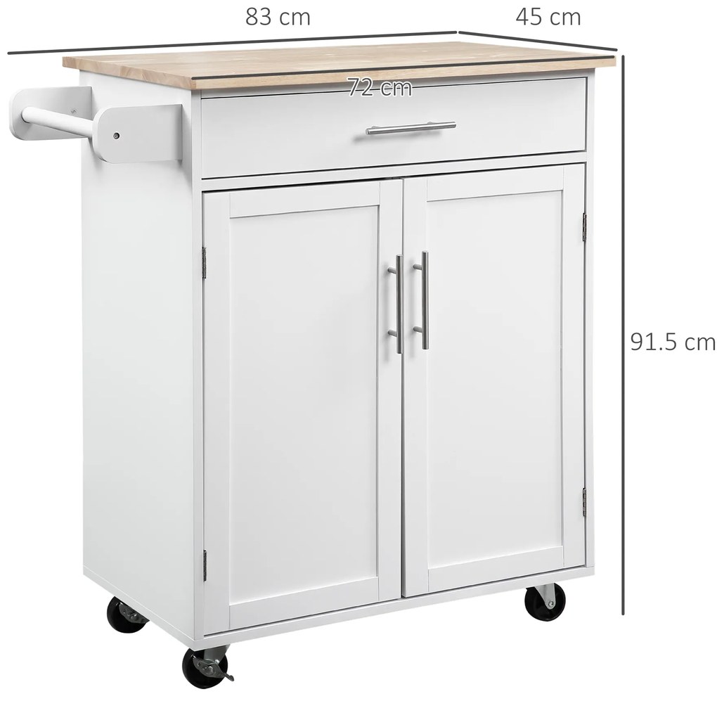 HOMCOM Cărucior de bucătărie pe roți cărucior de servire insulă de bucătărie cu sertar, dulap și suport pentru prosoape - alb | Aosom Romania
