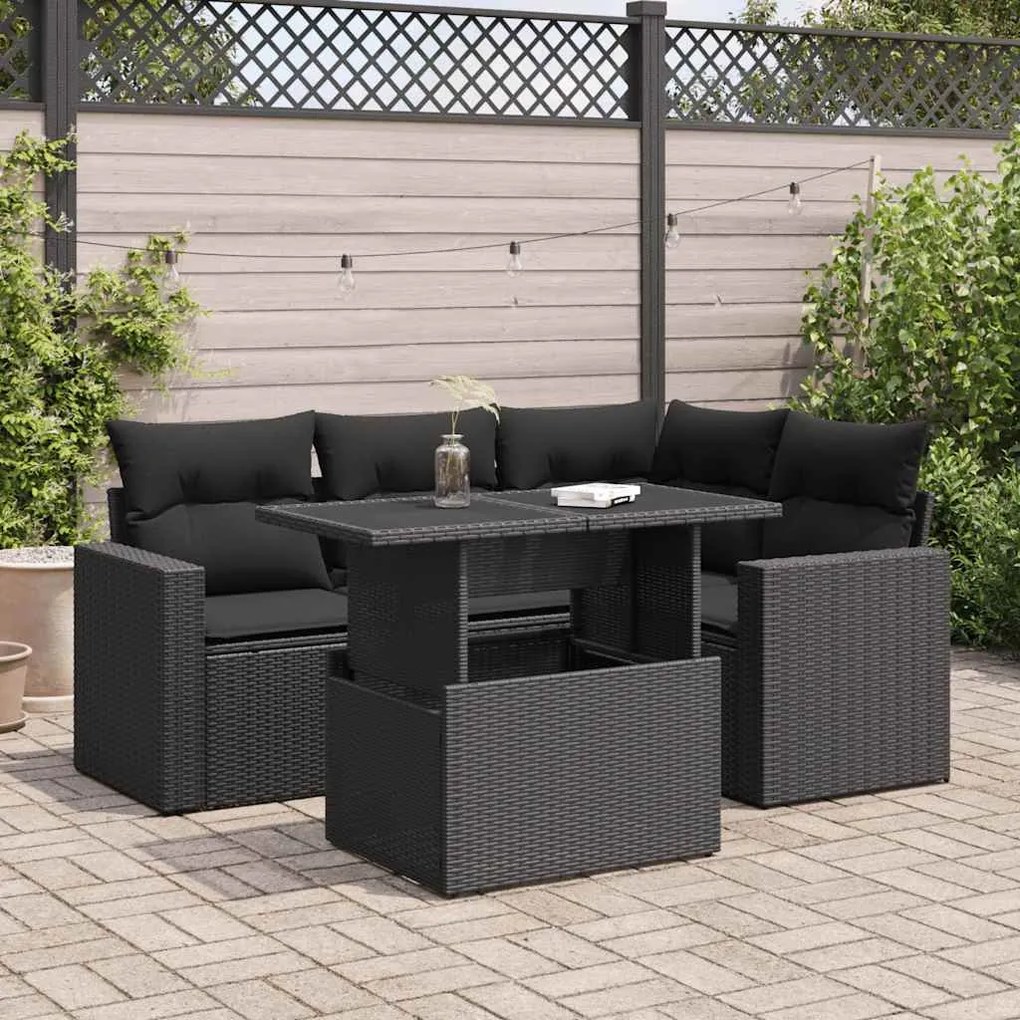 3326306 vidaXL Set mobilier de grădină cu perne, 5 piese, negru, poliratan