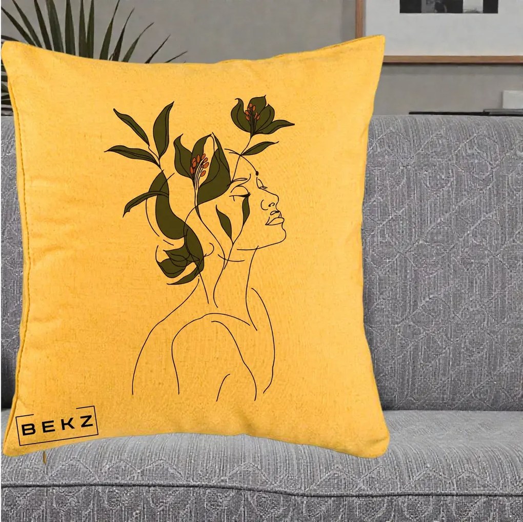 Perna Decorativa Portret Feminin Crin Verde, 40x40 cm, Galben, Husa Detasabila, Perna Inclusa, BEKZ®