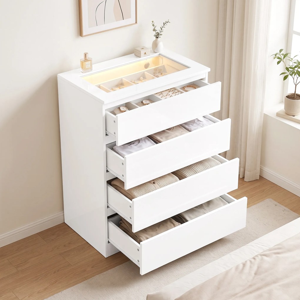HOMCOM Comodă Modernă cu 4 Sertare și Lumini LED, 60x40x90 cm, Albă | Aosom Romania
