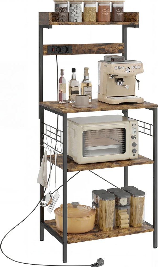 HOMCOM Estantería de Cocina con 2 Tomacorrientes Estante para Microondas Estante Ajustable Ganchos 60x42x137 cm Marrón Rústico | Aosom Romania