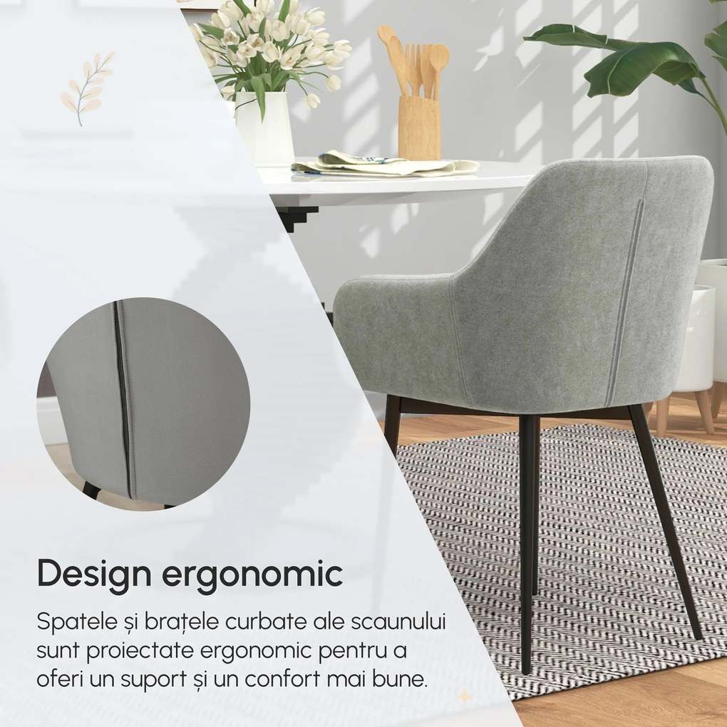 HOMCOM Set 2 Scaune de Dining Tapițate cu Brațe și Picioare din Oțel pentru Sufragerie, 54x57x80 cm, Gri Închis | Aosom Romania