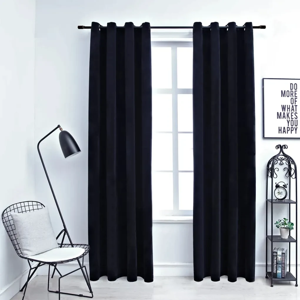 Draperii opace cu inele, 2 buc., negru, 140 x 175 cm, catifea 2, Negru, 140 x 175 cm