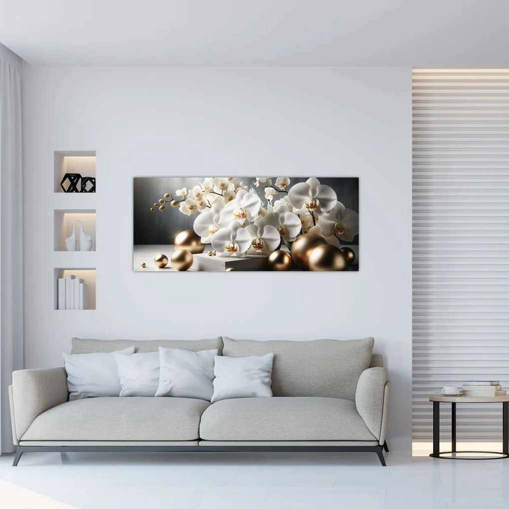 Tablou - Orhidee și bile aurii (120x50 cm)