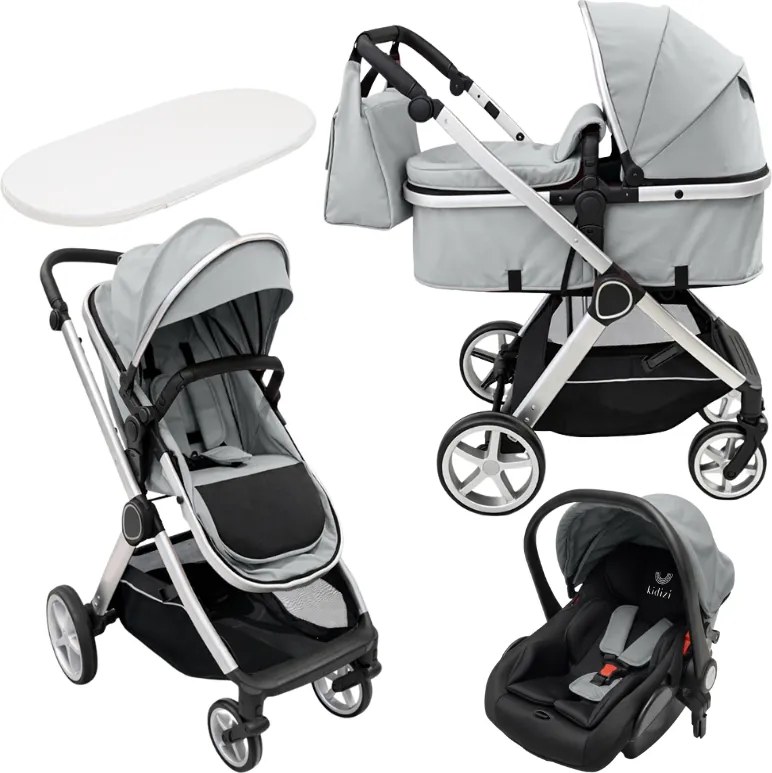 Carucior copii 3 in 1 Kidizi Moveo gri, landou transformabil in parte sport, scoica auto R129, cadru silver, pana la 22 kg (0–4 ani), saltea si geanta incluse