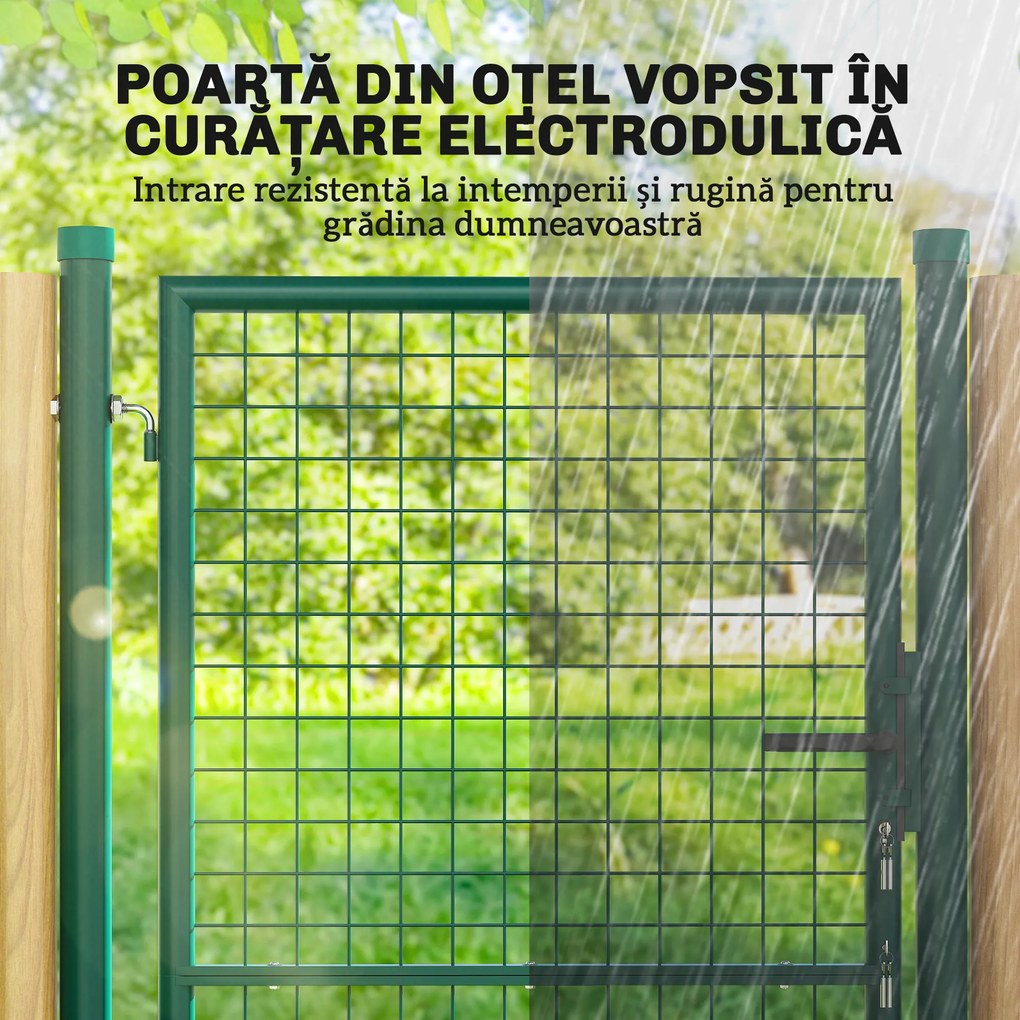 Outsunny Poartă de Grădină din Oțel 97x200 cm, Poartă cu Încuietoare, 3 Chei, Mâner și 2 Stâlpi | Aosom Romania