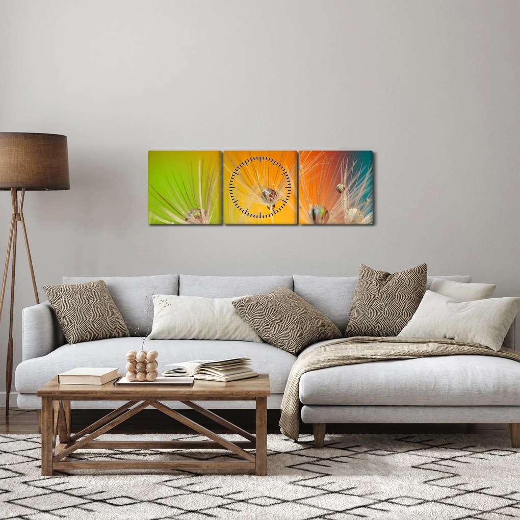 Tablou cu picături pe plantă (cu ceas) (90x30 cm)
