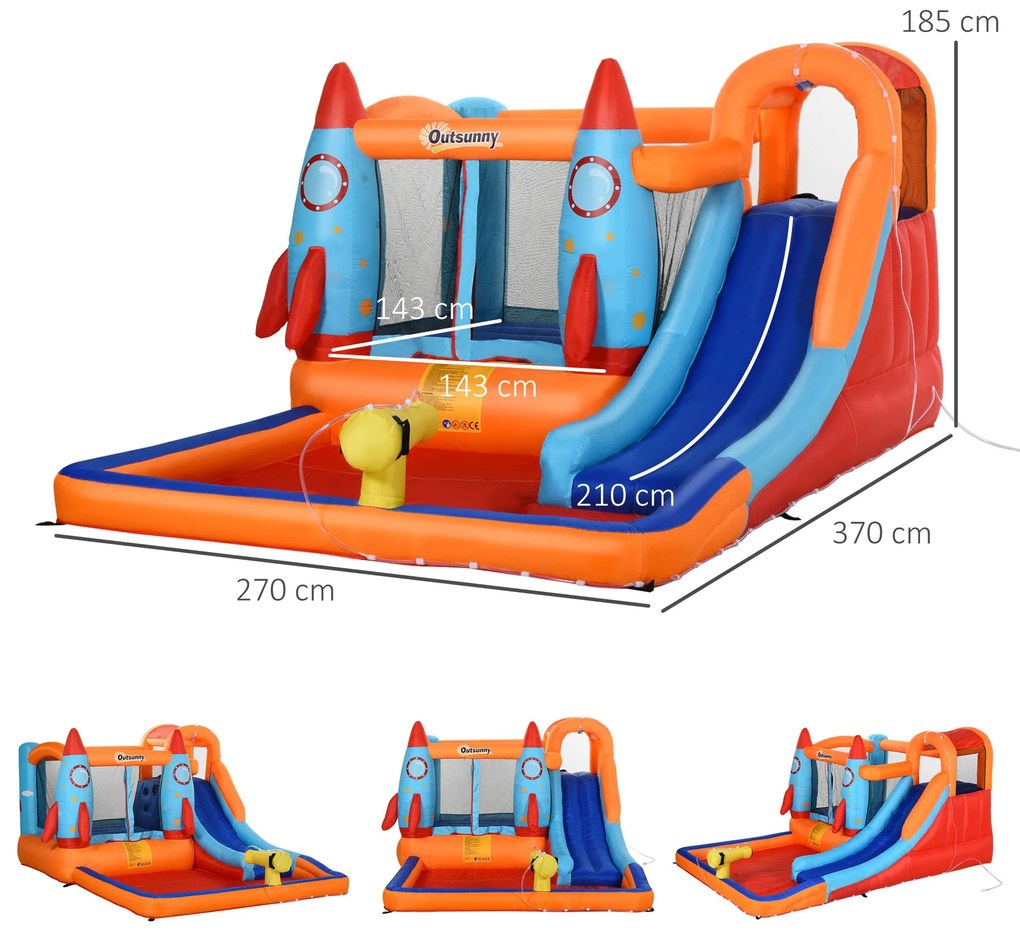 Outsunny Castel Gonflabil pentru Copii Piscina cu Tobogan si Trambulina, Pompa Electrica, 370x270x185cm, Multicolor | Aosom Romania