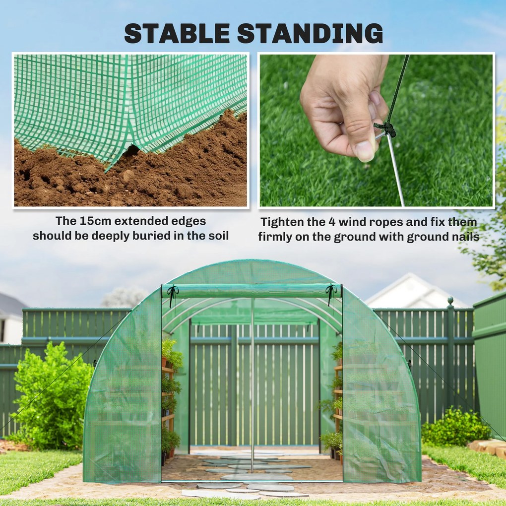 Outsunny Seră cca. 4 x 3 x 2 m, seră din folie cu uși rulante, 2 uși cu fermoar & 8 ferestre cu plasă, tije de susținere, Verde | Aosom Romania