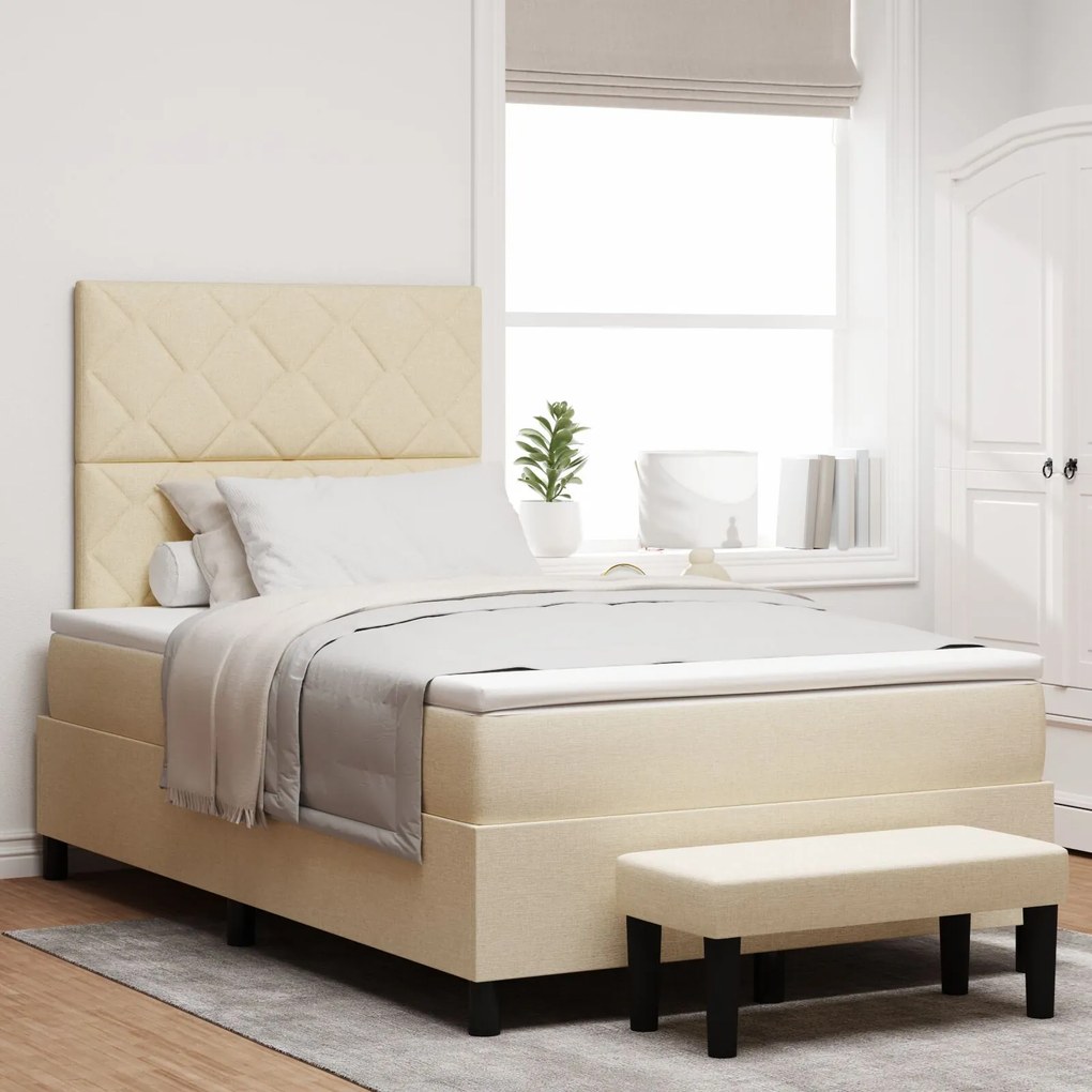vidaXL Pat Box Spring cu Saltea și Bancă Crem 120x200 cm Țesătură