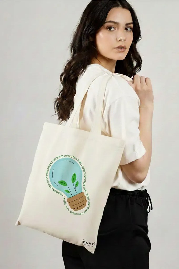 Sacosa de Panza pentru Cumparaturi, Geanta Tote, model Think Green, 38x34.5 cm, Alba, BEKZ®