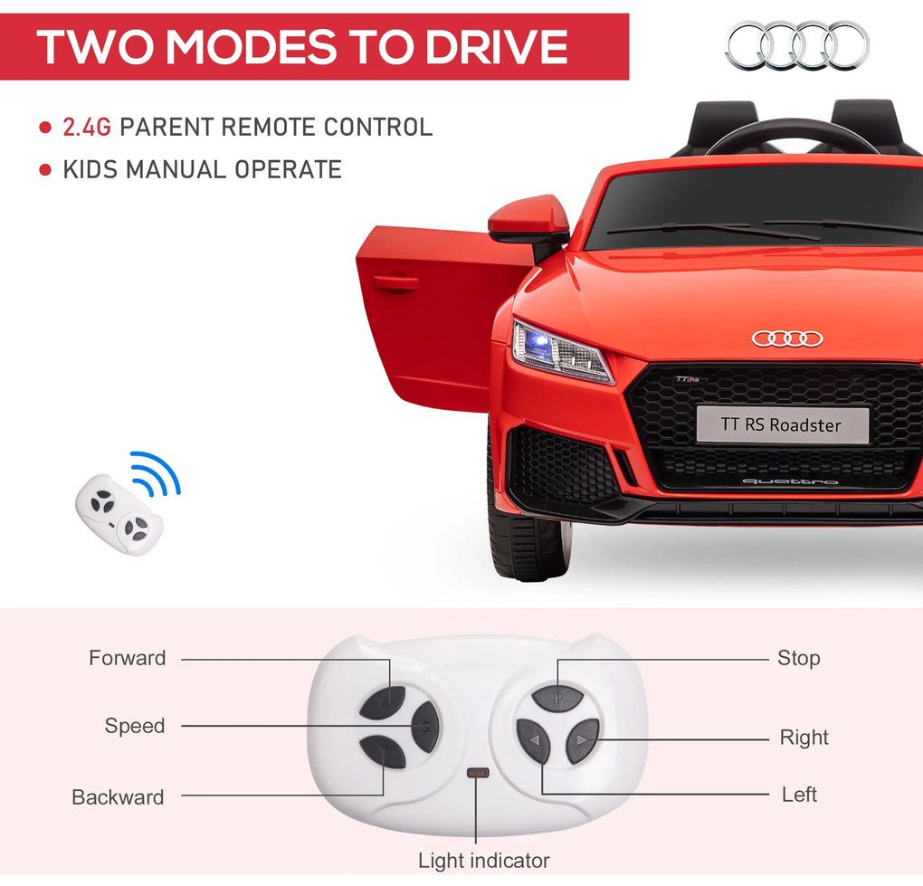 HOMCOM Mașină Electrică AUDI TT pentru Copii, Mașină Electrică cu Telecomandă, USB, Uși cu Deschidere și Faruri LED, 102x60x44 cm, Roșu